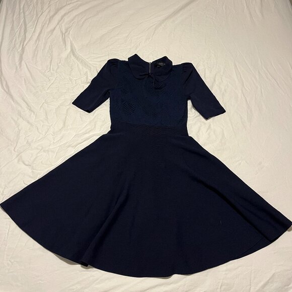 Ted Baker Navy Knit Dress Peter Pan Collar Bow Circle Skirt Twee Lace Size 1 - Picture 1 of 6
